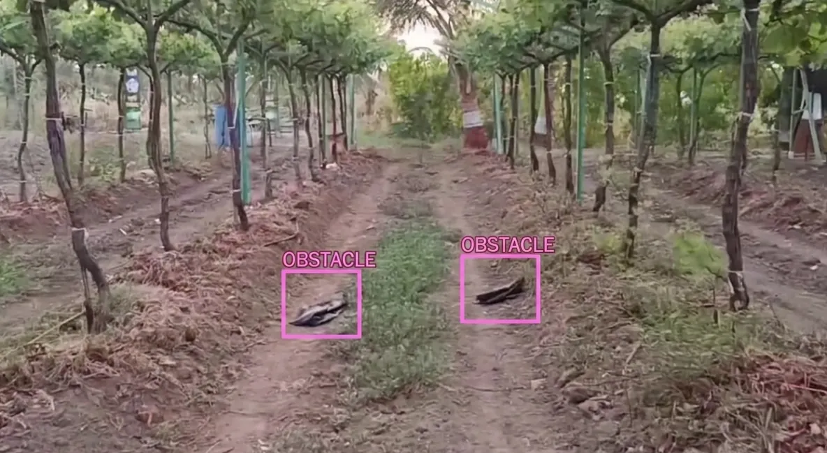 AI perception detecting obstacles, workers, and machinery in the field